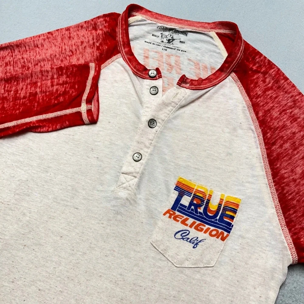 VTG Y2K True Religion Muscle Car Henley Burnout‎ Raglan Rainbow Logo USA L